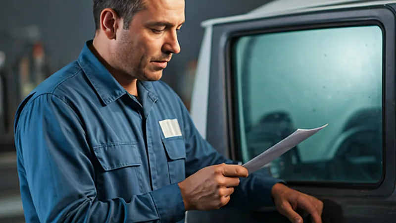 A professional truck driver performing a pre-trip safety inspection