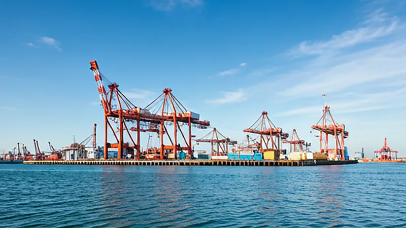 Busy commercial shipping port at dusk