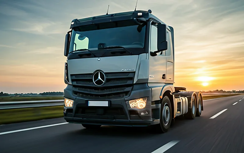 A clean white semi-truck driving on a scenic highway at dusk